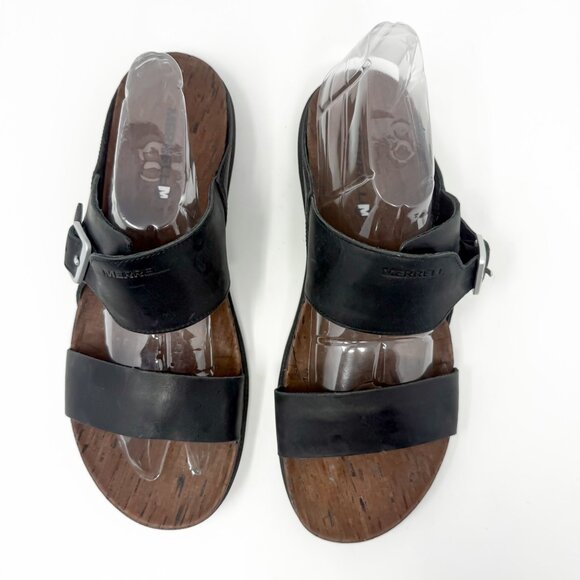 Merrell Around Town Buckle Sandals Women's 10 Black Slide Leather Two-Strap - Picture 4 of 10